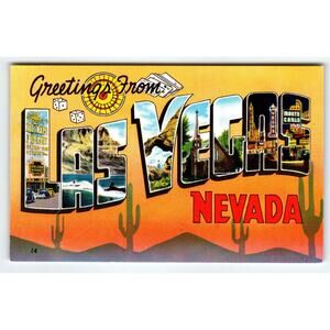 Greetings From Las Vegas Nevada Chrome Vintage Large Letter Postcard Cactus